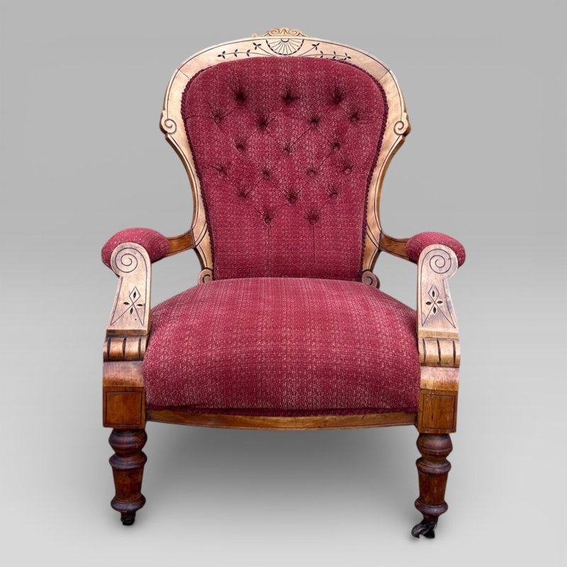 Antique Victorian Satin Burch Red Button Back Armchair with Turned Legs - Image 3